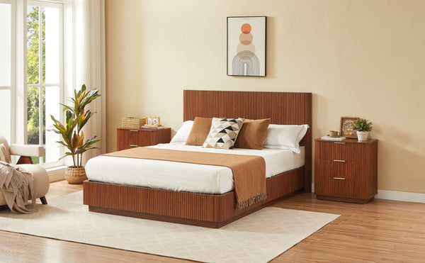 English Elm 3 Drawer Nightstand Pair Walnut Wave Textured Mdf Modern Bedroom Storage Set of Two W1820P436011