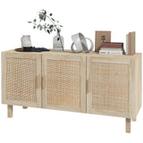 English Elm Homcom Sideboard Buffet Cabinet, Kitchen Cabinet, Coffee Bar Cabinet With 3 Rattan Doors and Adjustable Shelves, Natural Mixed