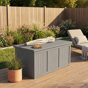 English Elm 67 Gallon Solid Wood Outdoor Deck Box with Seat and Tabletop for Patio Storage W2640P327221