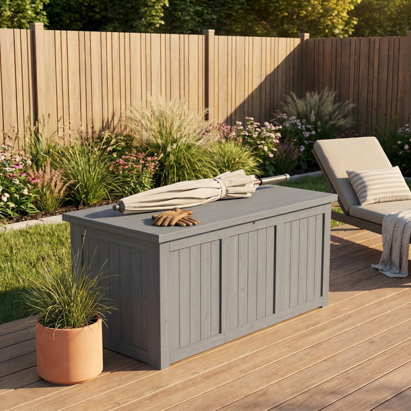 English Elm 67 Gallon Solid Wood Outdoor Deck Box with Seat and Tabletop for Patio Storage W2640P327221