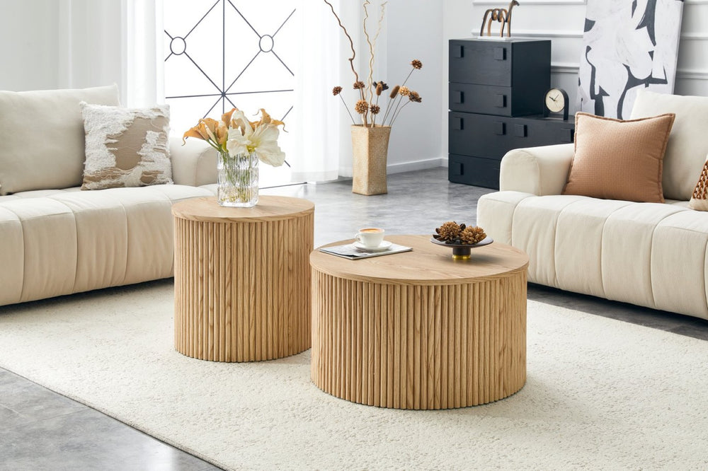 English Elm 2-piece Round Nesting Tables with Fluted Column Base Hidden Storage Oak Grain Finish Wood W3875P396797