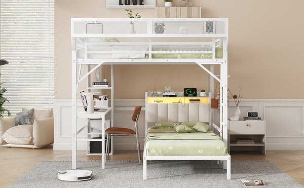 English Elm Ful Full-over-Twin Metal Bunk Bed with Desk, Bookshelves, LED Lighting & USB Charging Station, White W2580S00041