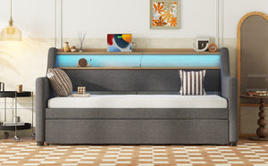 English Elm Twin Size Daybed And Trundle Set With Charging Station, Led Lights, Gray Upholstered Design, Modern Look W1580S00044-GIGA
