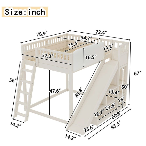 English Elm Full Size Kids Loft Bed Pine Frame Upholstered Headboard Built in Slide and Storage Shelves Beige W1580S00305