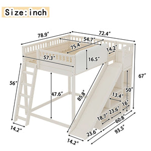 English Elm Full Size Kids Loft Bed Pine Frame Upholstered Headboard Built in Slide and Storage Shelves Beige W1580S00638