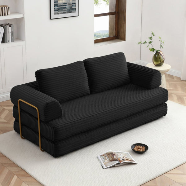 English Elm Convertible Floor Sofa Futon with Corduroy Upholstery for Living Room Lounging and Sleeping Black W1117P434730