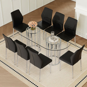 English Elm Table and Chair Set Oval Tempered Glass Top 9 Piece Modern Dining with Pu Seats Black,Silver,Transparent W1151S04741