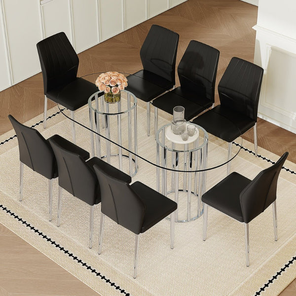 English Elm Table and Chair Set Oval Tempered Glass Top 9 Piece Modern Dining with Pu Seats Black,Silver,Transparent W1151S04741