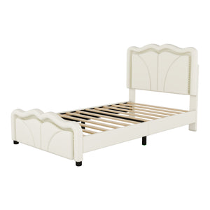 English Elm Twin Upholstered Platform Bed with Curved Headboard, Adjustable Heights, Sturdy Pine Frame, LED Accent Lights White WF323748AAK