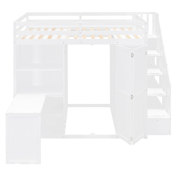 English Elm Full Size Loft Bed with Wardrobe Desk and Shelving for Modern Teen Bedroom White LT000679AAK-1