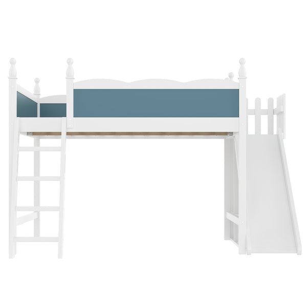English Elm Queen Solid Pine Loft Bed with Wardrobe Shelves Detachable Slide and Dual Sleeping Zones Blue,Off White W5305S00029