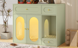 English Elm Cat Litter Box Cabinet with Led Lighting Acrylic Doors and Drawer Storage End Table Green N704P402444F