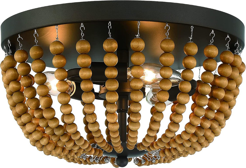 HomeRoots Brown Wood Bead Flush Mount Three Bulb Boho Ceiling Fixture for Any Room 484001
