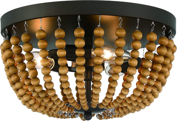 HomeRoots Brown Wood Bead Flush Mount Three Bulb Boho Ceiling Fixture for Any Room 484001