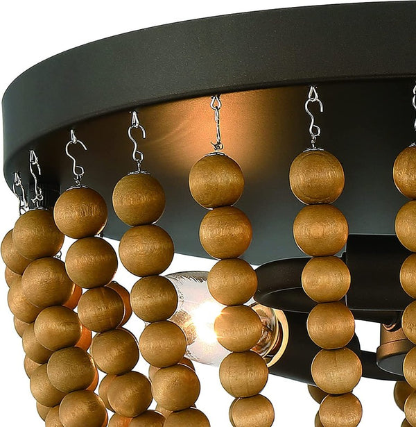 Brown Wood Bead Flush Mount Three Bulb Boho Ceiling Fixture for Any Room