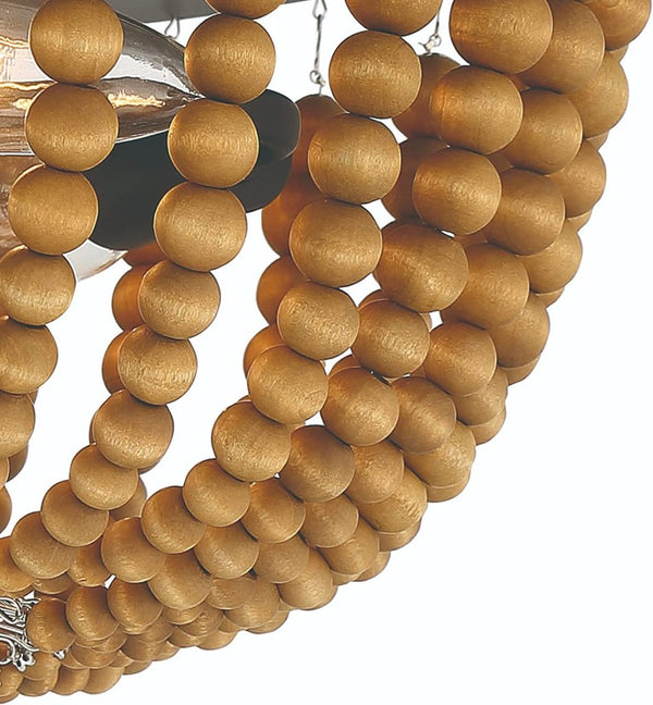 Brown Wood Bead Flush Mount Three Bulb Boho Ceiling Fixture for Any Room