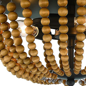 Brown Wood Bead Flush Mount Three Bulb Boho Ceiling Fixture for Any Room
