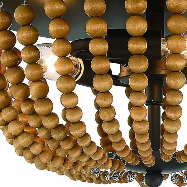 Brown Wood Bead Flush Mount Three Bulb Boho Ceiling Fixture for Any Room