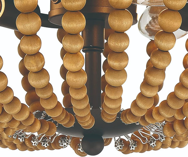 Brown Wood Bead Flush Mount Three Bulb Boho Ceiling Fixture for Any Room