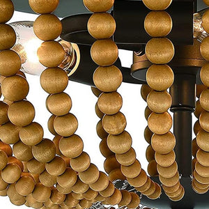 Brown Wood Bead Flush Mount Three Bulb Boho Ceiling Fixture for Any Room