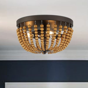 Brown Wood Bead Flush Mount Three Bulb Boho Ceiling Fixture for Any Room