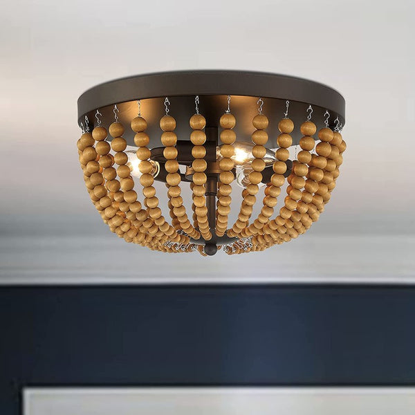 Brown Wood Bead Flush Mount Three Bulb Boho Ceiling Fixture for Any Room