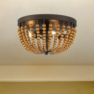 Brown Wood Bead Flush Mount Three Bulb Boho Ceiling Fixture for Any Room