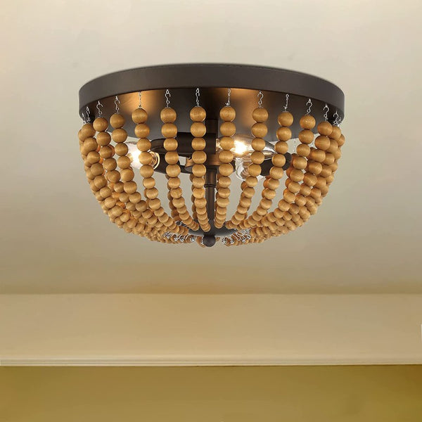 Brown Wood Bead Flush Mount Three Bulb Boho Ceiling Fixture for Any Room
