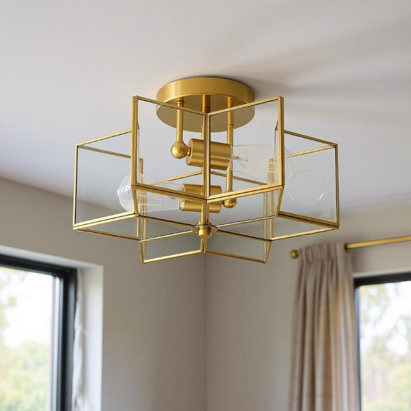 Brass Dimmable Two Bulb Flush Mount Ceiling Light with Sculptural Metal Design