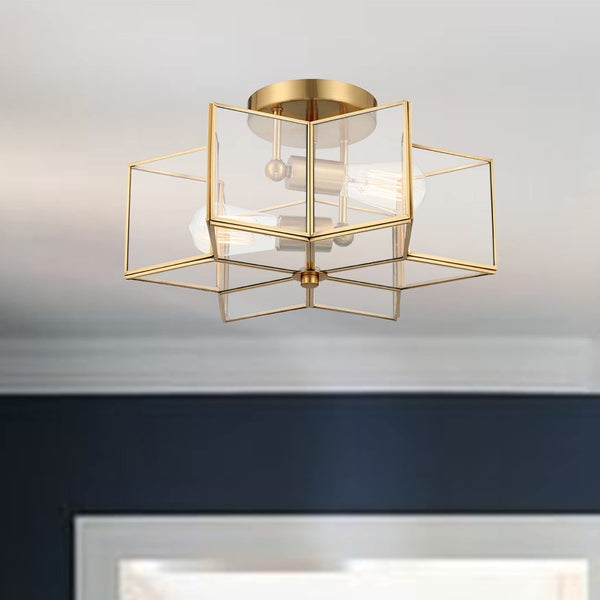 Brass Dimmable Two Bulb Flush Mount Ceiling Light with Sculptural Metal Design