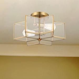 Brass Dimmable Two Bulb Flush Mount Ceiling Light with Sculptural Metal Design