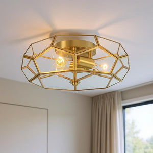 Brass Three Light Dimmable Flush Mount Chandelier for Modern Glam Interiors