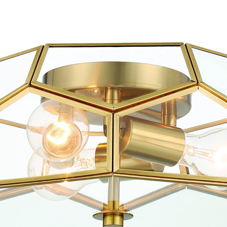 HomeRoots Brass Three Light Dimmable Flush Mount Chandelier for Modern Glam Interiors 484007
