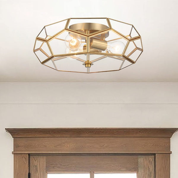 Brass Three Light Dimmable Flush Mount Chandelier for Modern Glam Interiors