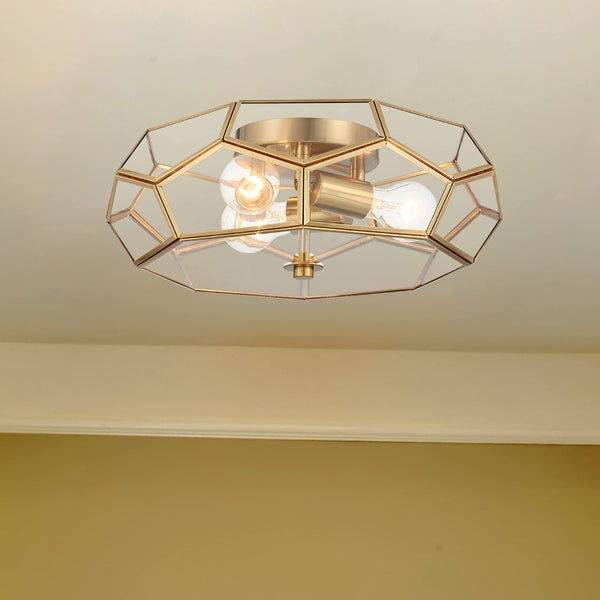 Brass Three Light Dimmable Flush Mount Chandelier for Modern Glam Interiors