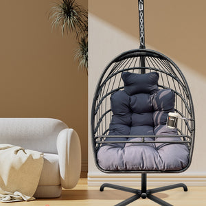 Homeroots 38" Slate Gray And Black Metal Indoor Outdoor Swing Chair With Slate Gray Cushion  Iron 484122