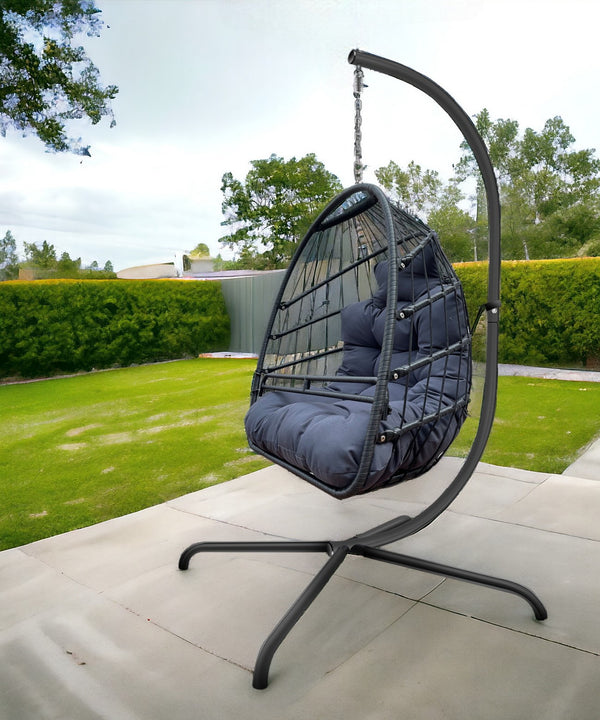 Homeroots 38" Slate Gray And Black Metal Indoor Outdoor Swing Chair With Slate Gray Cushion  Iron 484122