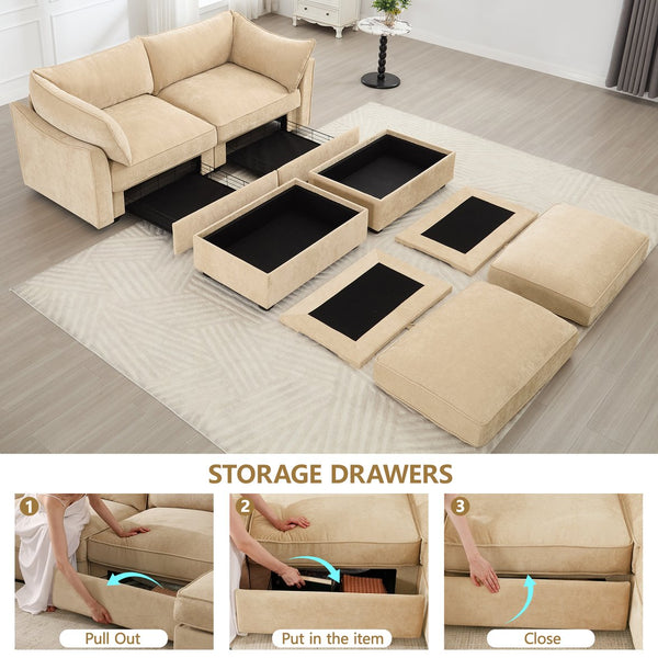 English Elm 2-Seater Sofa With 2 Movable Footstools, Stylish Chenille Fabric, Wheat Color & Hidden Storage Drawers W3041S00174