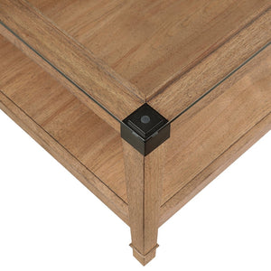 English Elm Modern Square Glass Top Coffee Table with Brown Wood Base Casters and Open Shelf B011P459334
