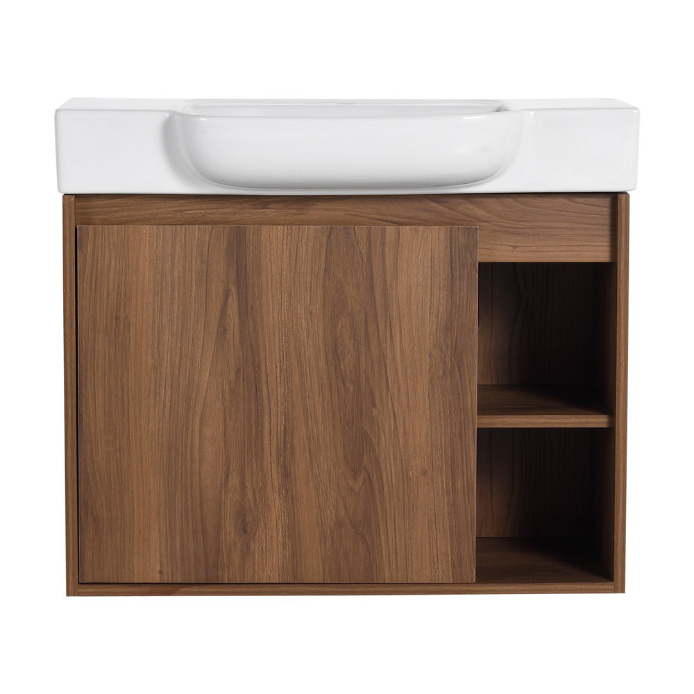 English Elm 28'' 28" Wall-Mounted Bathroom Vanity with White Ceramic Sink, Soft-Close Door, Open Shelves, KD-Pack W999P263409