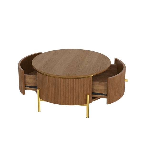 English Elm Modern Round Coffee Table with Gold Legs Two Drawers Brown Mdf Living Room N735P338995D