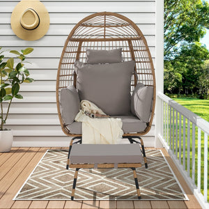 English Elm Wicker Oversized Egg Chair with Ottoman and 3.2" Thick Cushions, Handwoven PE Rattan, Weatherproof Comfort Light Gray W874P264669