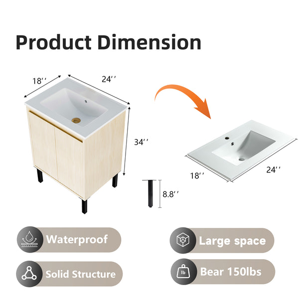 English Elm 24 Compact Bathroom Vanity with Sink — Floor-Standing Stability, Soft-Close Drawers, Large Storage, Durable Finish Oak 29.13 L x 6.49 W x 26.37 H W3520S00016