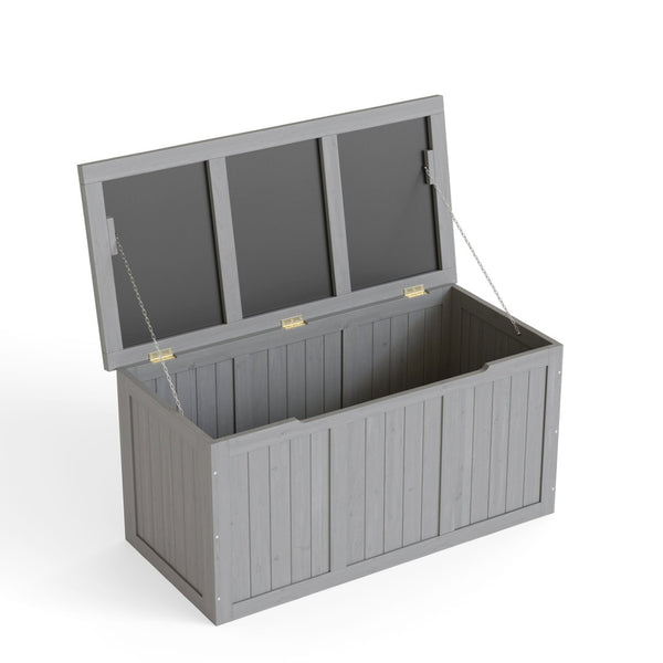 English Elm 67 Gallon Solid Wood Outdoor Deck Box with Seat and Tabletop for Patio Storage W2640P327221