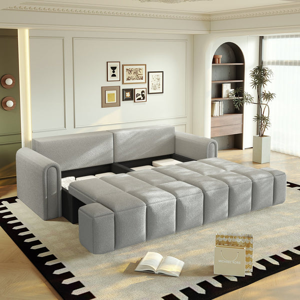 English Elm 90.2" 3-in-1 Convertible Sleeper Sofa Bed with Teddy Fabric & Storage, King-Size Comfort for Living LIGHT GREY W1885S00250
