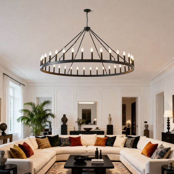English Elm 63.8 Inch 36-light Wagon Wheel Chandelier Matte Black Farmhouse Fixture for High Ceilings W5008P388929
