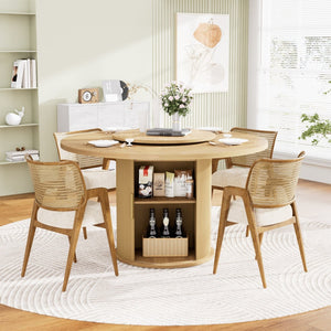 English Elm 55-inch Round Wood Dining Table Seats Six with Turntable Tray and Tiered Storage W1162P357242