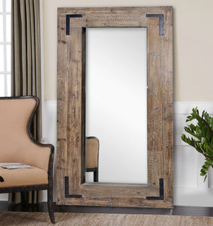 Homeroots 75" Brown Wood Framed Leaning Accent Mirror  Drift Wood ,Metal 484405