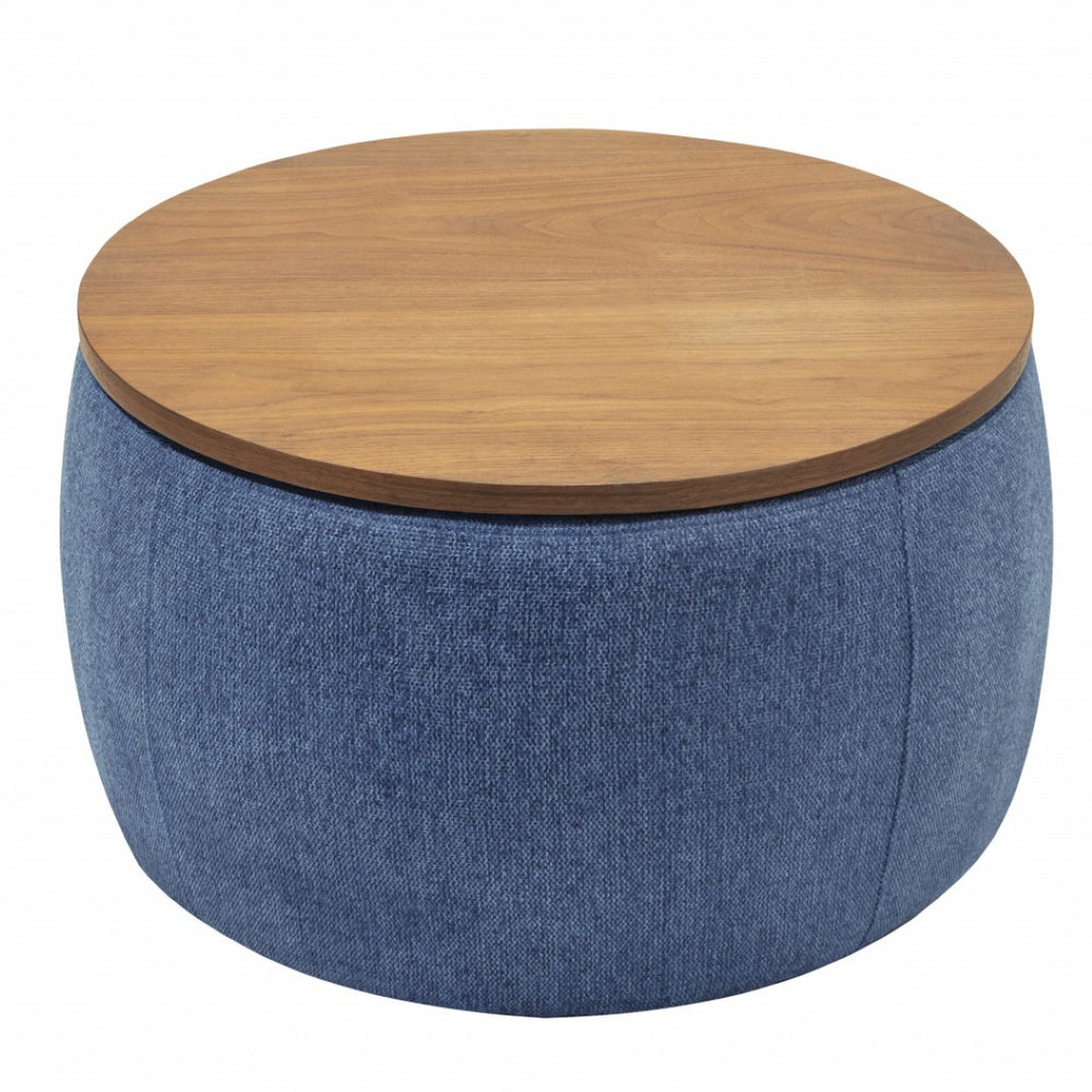HomeRoots 26" Versatile Blue & Brown Round Storage Ottoman with Reversible Tray and Hidden Storage Solutions 484407