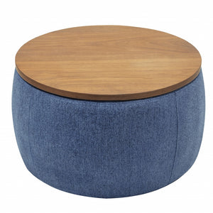 HomeRoots 26" Versatile Blue & Brown Round Storage Ottoman with Reversible Tray and Hidden Storage Solutions 484407